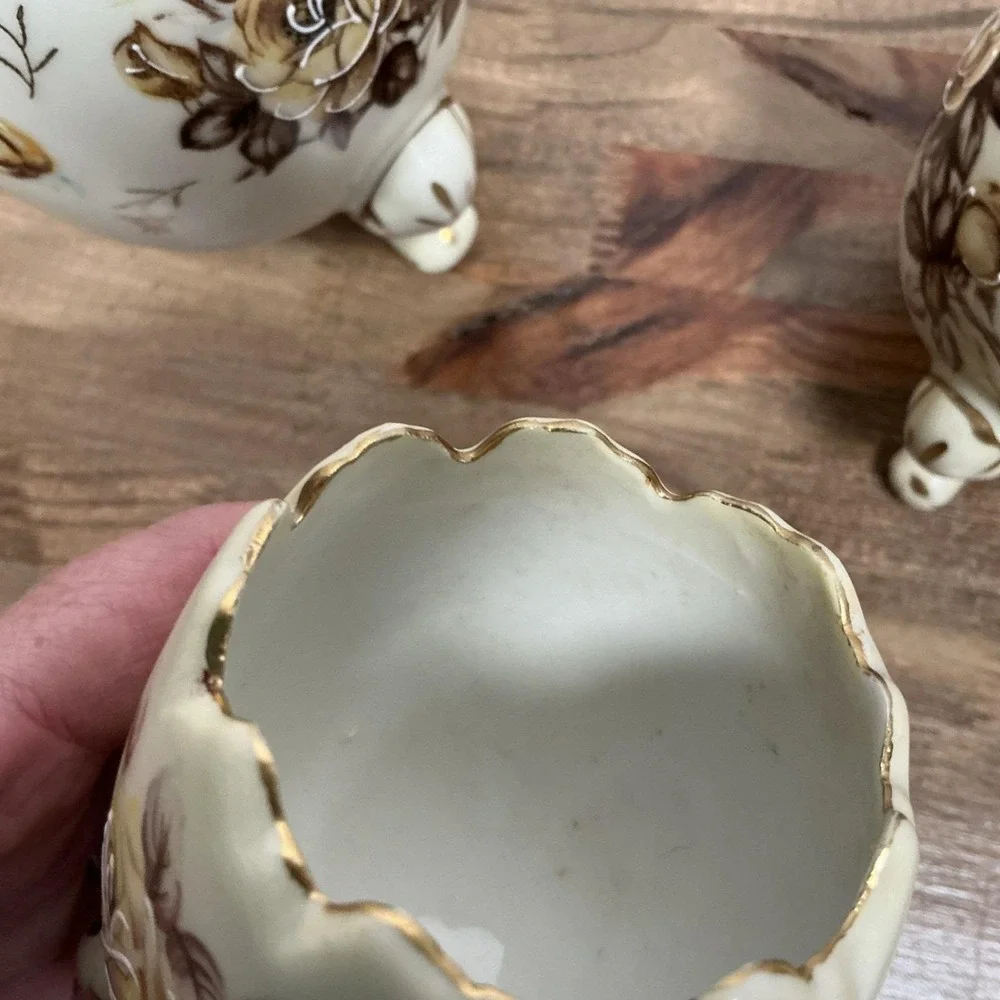Vintage Napcoware Set of 3 Floral Egg Footed Vases C3199 Gold Trim Cracked Shell